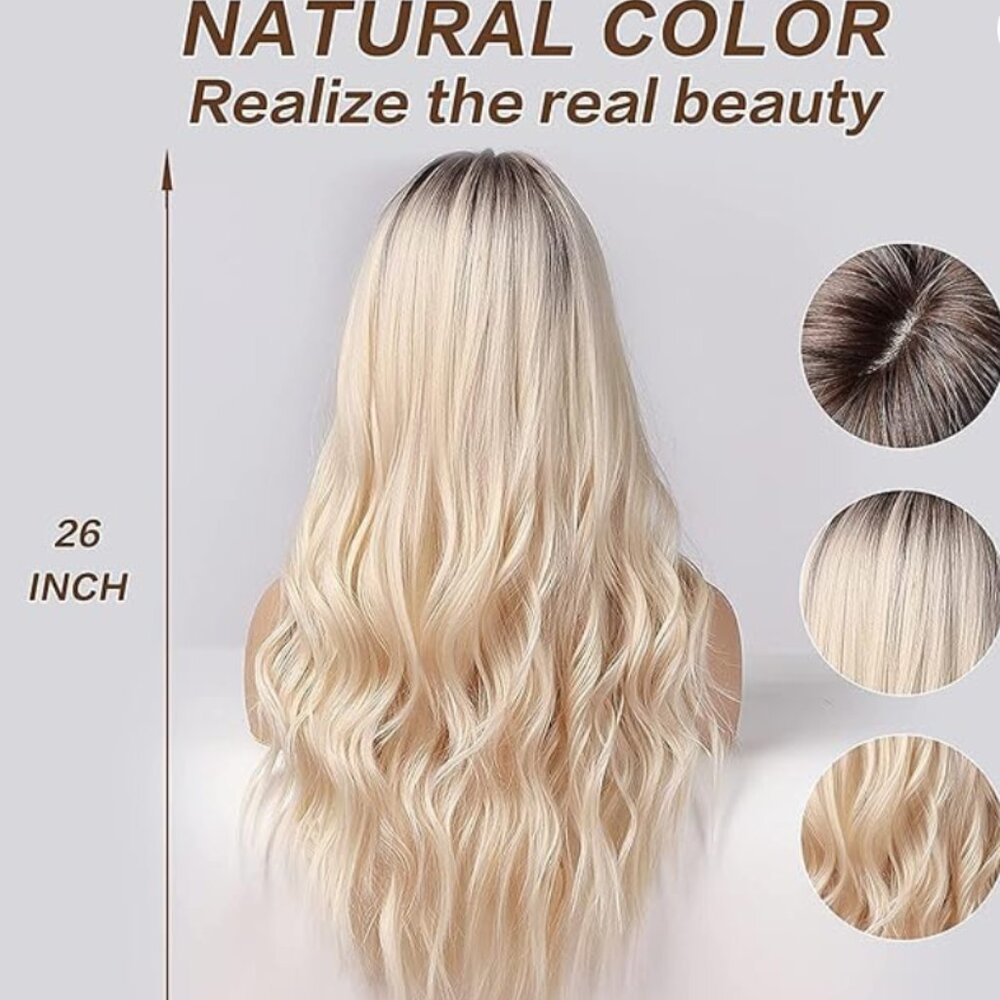 Womens 💗 Blonde And Brown Synthetic Ombre 26" Long Wavy Breathable Cap Wig 💗 - Picture 15 of 16